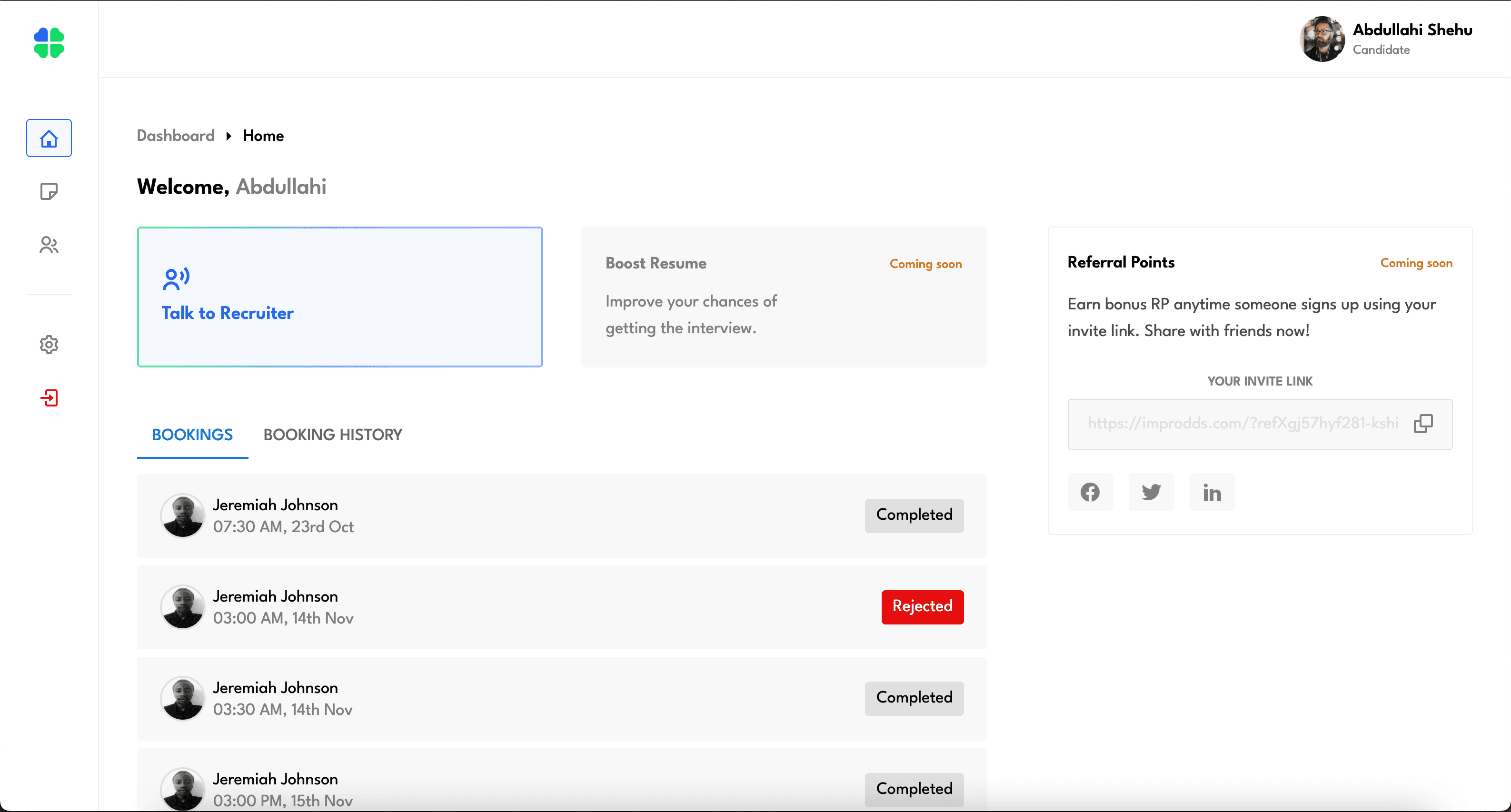 Improdds candidate dashboard