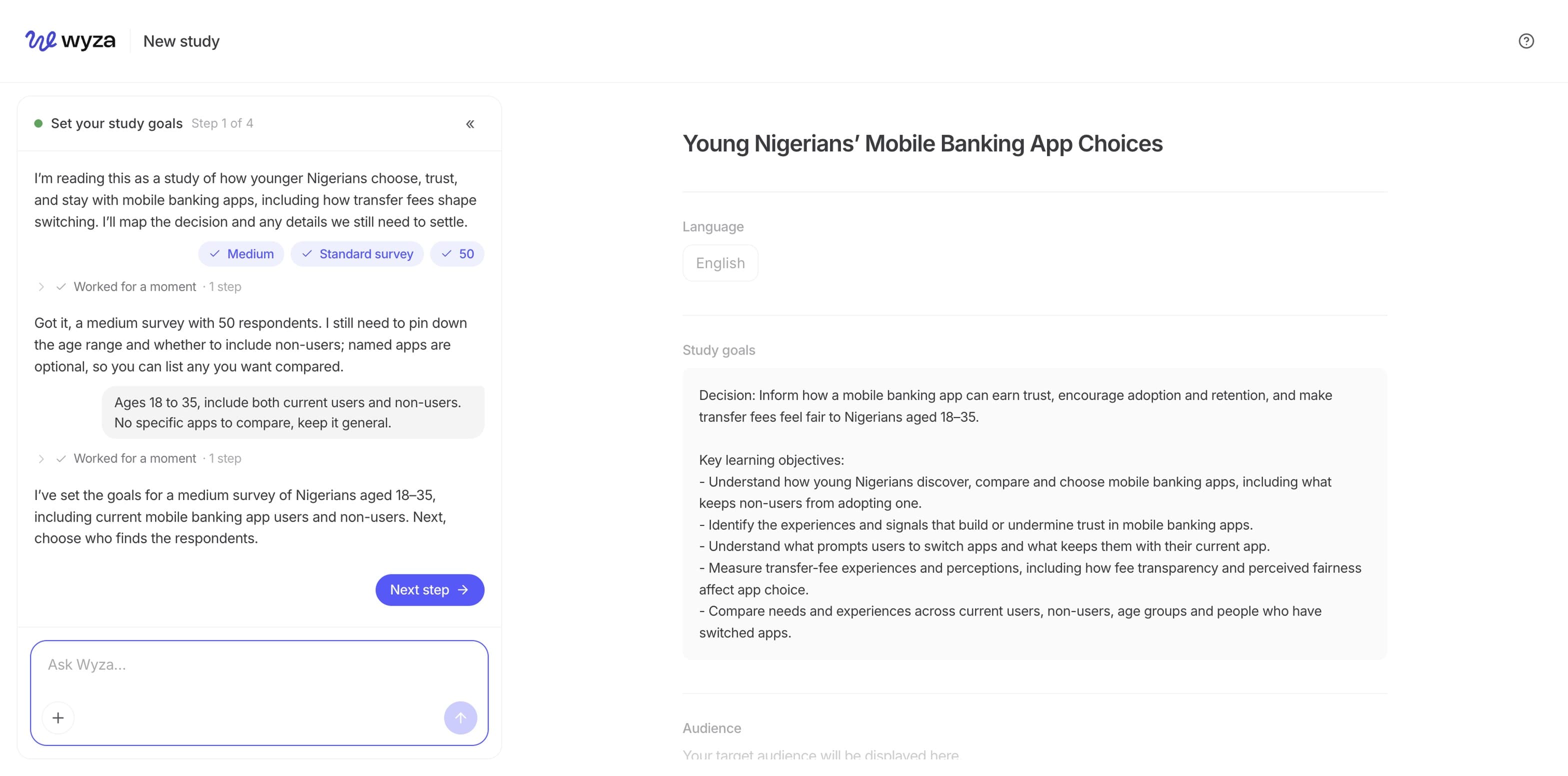 Ask Wyza — the AI agent turns a brief into study goals through conversation