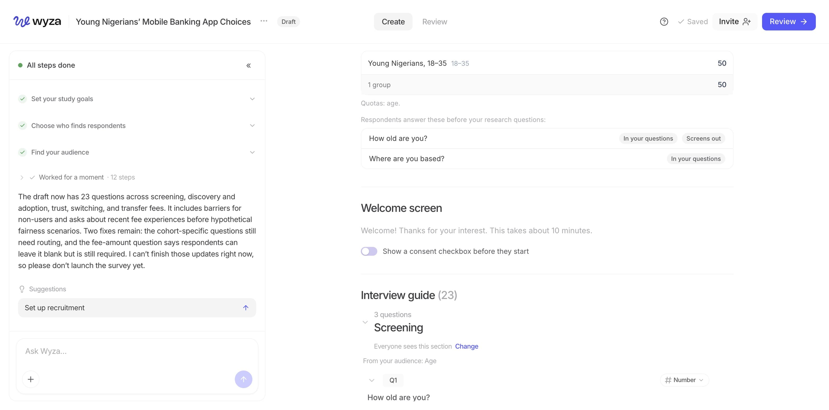 The generated interview guide — 23 questions across screening, trust, switching and fees