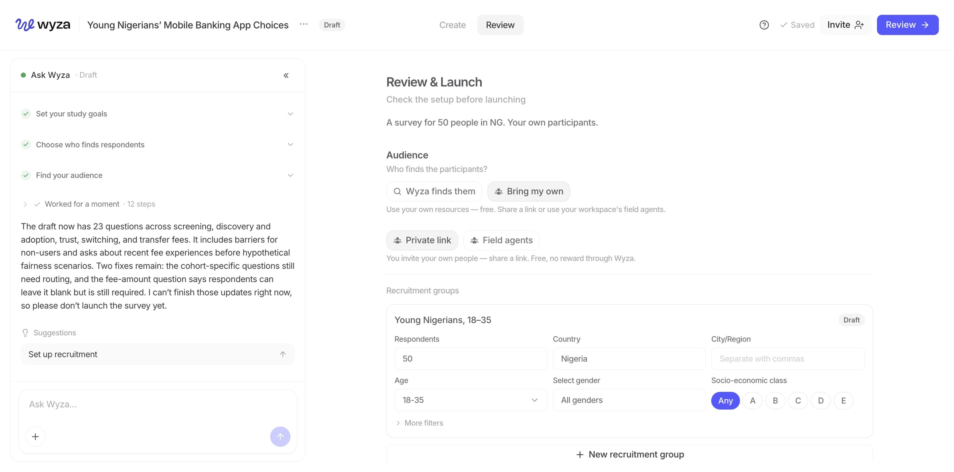 Review & Launch — recruitment groups, quotas and screening checks