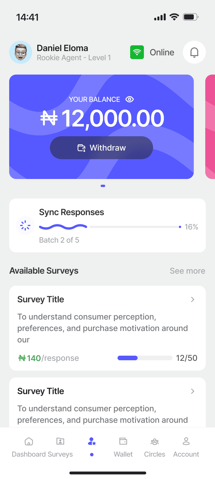 Agent mode dashboard — balance and sync progress