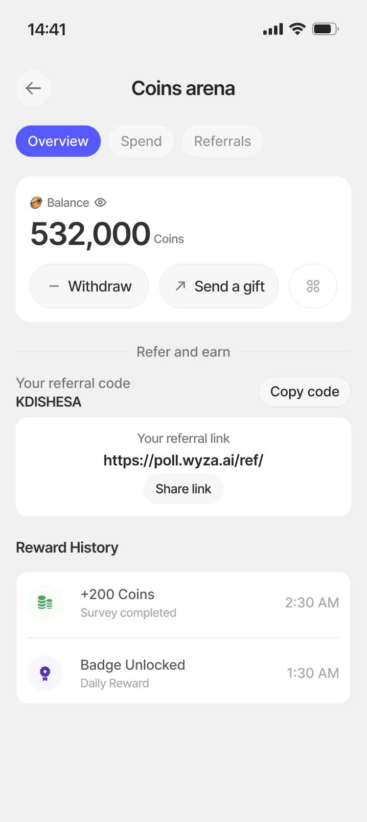 Coins arena — balance, referrals and reward history