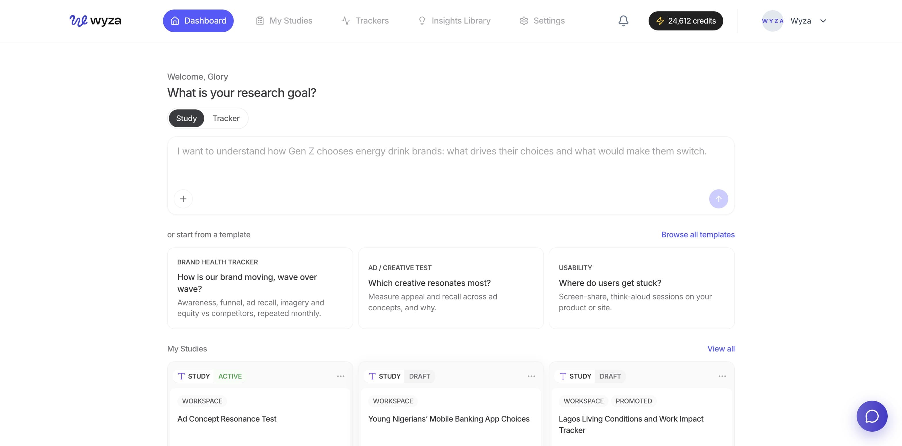 Wyza research studio — describe a research goal and get a study